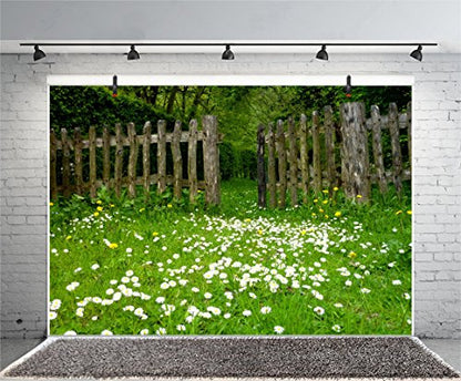 AOFOTO 10x7ft Spring Garden Daisy Flower Backdrop Rustic Wood Fence Summer Meadow Photography Background Forest Wonderland Grass Florets Country Hiking Suburb Picnic Girl Boy Scouts Photo Studio Props - size: 10x7ft