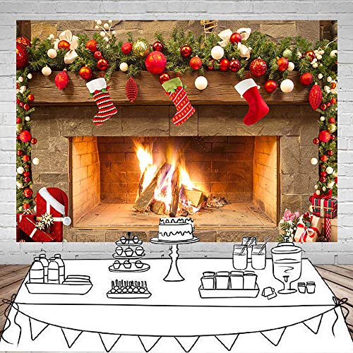 Mocsicka 7x5ft Fireplace Backdrop Christmas Fireplace Photography Background for Wall Winter Holiday Family Merry Christmas Eve Party Decorations Banner Portrait Photo Booth Props ﻿ - size: 7x5ft