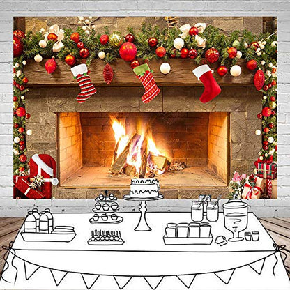 Mocsicka Christmas Fireplace Theme Backdrop for Photography Xmas Tree Sock Gift Family Party Decorations Wallpaper Winter Christmas Birthday Holiday Banner Studio Booth (6x4ft) - size: 6x4ft