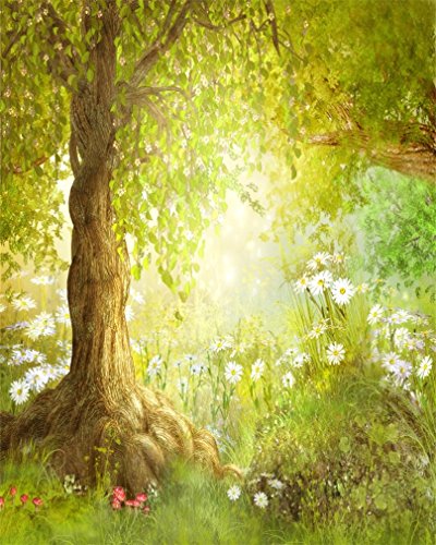 AOFOTO 4x5ft Enchanted Forest Photography Backdrop Spring Meadow Landscape with Daisies Flowers Sunlit Tree Background Nature Wildflowers Garden Scene Fairy Tale Theme Kids Baby Photo Shoot Props - size: 4x5ft