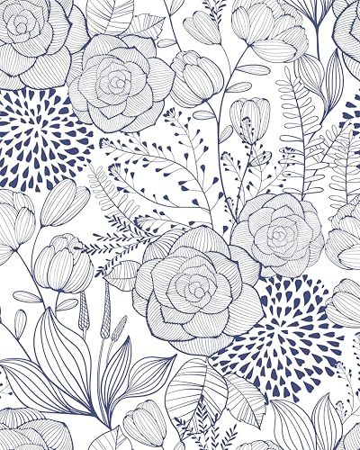 Wudnaye Navy Blue Floral Peel and Stick Wallpaper Blue and White Wallpaper 16.9"×78.7" Navy Floral Stick and Peel Wall Paper Flowers Contact Paper Self Adhesive Removable Waterproof for Bathroom Decor - color: Blue, size: 17" x 78.7"