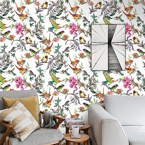 Vintage Floral/Bird/Branch Peel and Stick Wallpaper Multi-Coloured Watercolor Removable Waterproof Decorative Contact Paper Vinyl Self Adhesive Wallpaper for Living Room Bedroom 17.71 in X 236.2 in - color: Floral-30, size: 17.71" x 236.2"