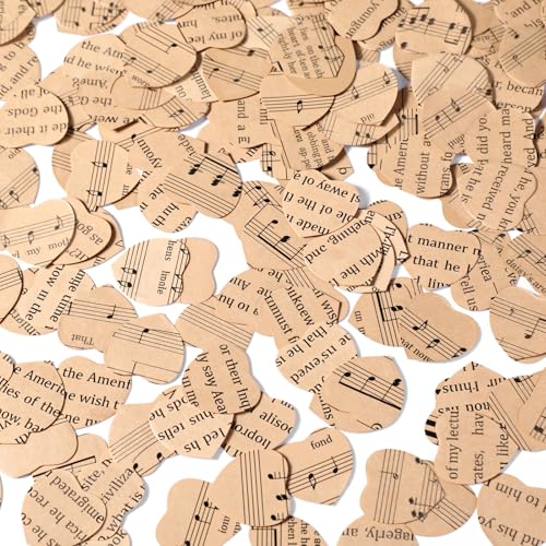 Marspark 1200 Pcs Book Page Heart Confetti 1 Inch Vintage Newspaper Wedding Table Confetti Novelty Party Decorations for Book Themed Party Birthday Photo Prop Bridal (English, Music, Khaki) - color: Khaki, size: Heart-English,Music