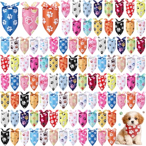 Abbylike 100 Pcs Paw Print Dog Bandanas Bulk Soft Triangle Kerchief Bibs Scarf Set for Pets Dogs Walking Photo Props Pets Shops Adoption Events Party Costume (19.7 x 13.8 x 13.8 Inch) - size: 19.7 x 13.8 x 13.8 Inch, style: Paw Print