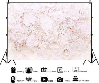 AOFOTO 7x5ft White Flowers Wall Backdrop Elegant Roses Romantic Wedding Decor Bridal Shower Photography Background Baby Girl Artistic Portrait Valentines Mother's Day Photoshoot Studio Props Wallpaper - size: 7x5ft