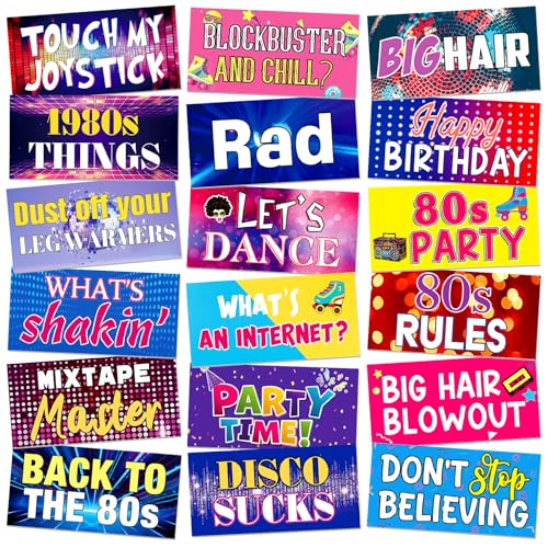 Beeveer 24 Designs 80s Photo Booth Props 1980s Party Decorations Double Sided 11.02 x 5.51'' Funny 70s Disco Birthday Party Decorations DIY Waterproof Selfie Signs PVC Printing Photo Props for Decor - color: Colorful, style: 1980s Theme