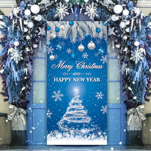 Merry Christmas & Happy New Year Door Cover Decorations, Xmas Blue Door Banner for Front Door Party Sign Porch Decor Supplies Outdoor Indoor Photography Backdrop Photo Booth Props Winter Holiday
