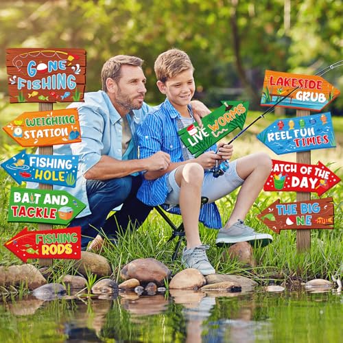 Hooqict 20 Pieces Gone Fishing Sign Fishing Birthday Party Decorations Welcome Direction Signs for Kids Summer Birthday Party Supplies Retirement Decorations Baby Shower Fish Cutouts - style: Gone Fishing
