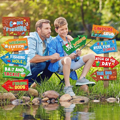 Hooqict 20 Pieces Gone Fishing Sign Fishing Birthday Party Decorations Welcome Direction Signs for Kids Summer Birthday Party Supplies Retirement Decorations Baby Shower Fish Cutouts - style: Gone Fishing