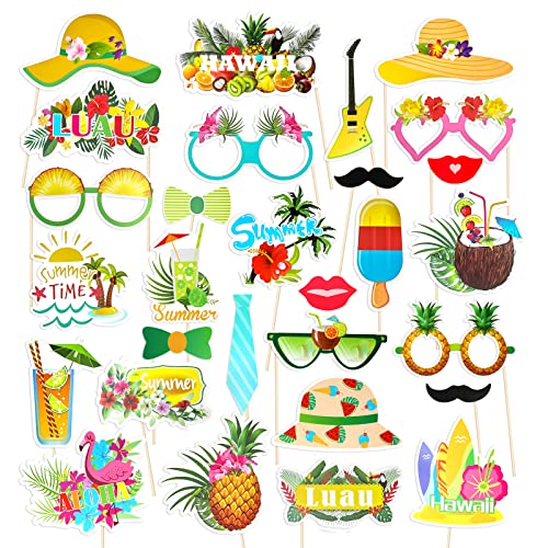 PHOGARY Hawaiian Luau Photo Booth Props Kit, 29pcs Multicolored Tropical Photo Props with Pineapple Pattern for Summer Hawaiian Luau Pool Beach Birthday Wedding Party