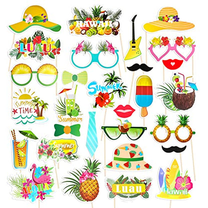 PHOGARY Hawaiian Luau Photo Booth Props Kit, 29pcs Multicolored Tropical Photo Props with Pineapple Pattern for Summer Hawaiian Luau Pool Beach Birthday Wedding Party