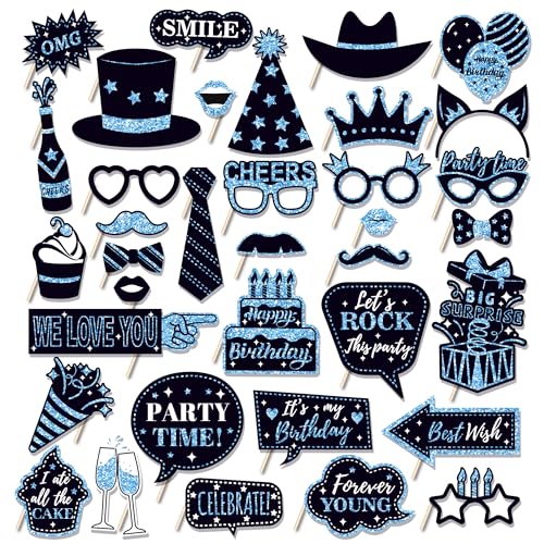 36 PCS Birthday Photo Booth Props Party Supplies Holiday Picture Decorations Photo Booth Props for Birthday Party Favors Pose Sign Kit Fun for Party (Black and Blue) - color: Black and Blue
