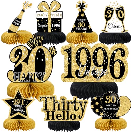 9 Pcs 30th Birthday Decorations Honeycomb Centerpieces for Women Men, Black Gold 1996 Aged to Perfection Vintage Centerpieces for Tables Toppers,Thirty Years Party Decorations Supplies - color: Black Gold 30th