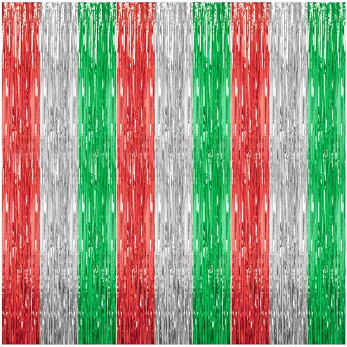 DECOCKRAT 3 Pack Foil Fringe Backdrop - Shiny Tinsel Curtains for Party Decoration/Photo Booth Props - 3.3x8.2FT Metallic Foil Backdrop for Birthday, Wedding, Graduation, Christmas-Red&Silver&Green - color: Red&Silver&Green
