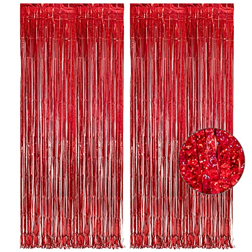 GREATRIL Red Fringe Curtains Party Streamers Backdrop Foil Tinsel Curtain Decoration for Stranger Theme Party Christmas Valentines Day Party 2 Pack - color: Red