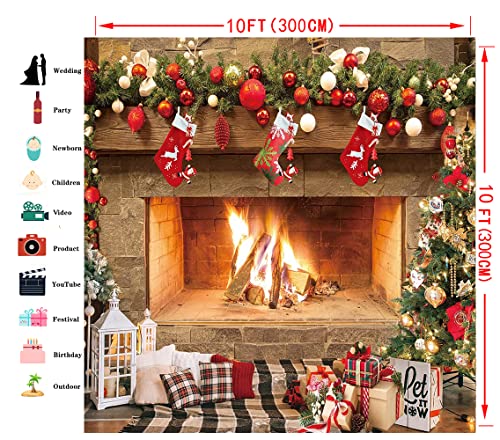 10x10ft Christmas Fireplace Theme Backdrop - Xmas Party Banner & Child Christmas Decoration Background for Family Party - size: 10x10ft