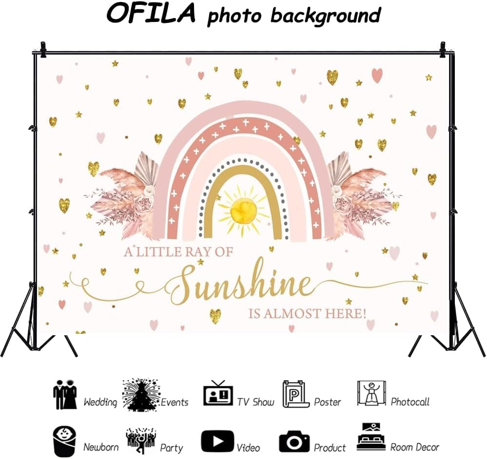 Boho Rainbow Baby Shower Backdrop 10x8ft A Little Ray of Sunshine is Almost Here Boho Pampas Baby Shower Party for Girl Cake Table Background Kids Artistic Portrait Photo Studio Booth Props - size: 10x8ft