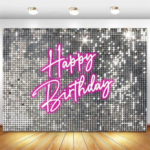 Withu Silver Sequins Pink Neon Happy Birthday Backdrop for Photography Shining Flash Stars Shimmer Wall Decoration Banner Princess Girls Women Bday Party Background 8x6ft - size: 8x6ft