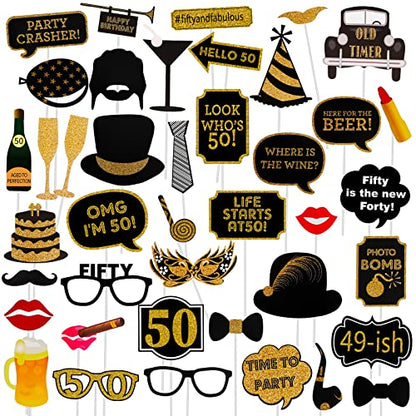 50th Birthday Photo Booth Props - 41 Pcs Black and Gold Funny Birthday Party Decorations for Men & Women, Fifty and Fabulous Anniversary Party Supplies,50th Printed Gold Glitter Selfie Props Kit
