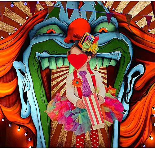 Vinyl 8X6FT Scary Giant Clown Photography Backdrop Red White Stripe Carnival Photo Background Photo Booth Studio Props Supplies Horror Circus Haunted House Halloween Party Banner Decorations - size: 8x6ft