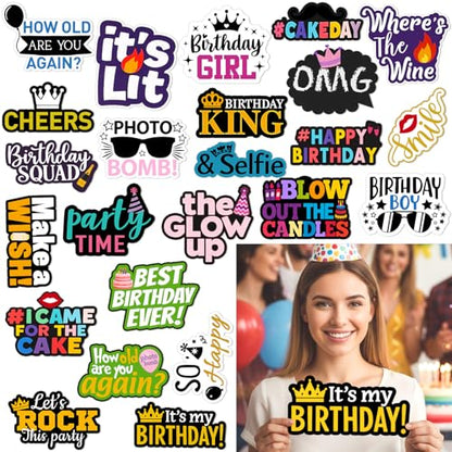 Beeveer 24 Pcs Birthday Photo Booth Props Single Sided 9" Photo Booth Props Birthday Parties Decorations Set DIY Water Proof Selfie Signs PVC Printing for Party Businesses - style: Birthday