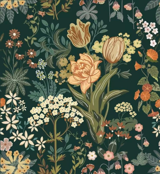 Abyssaly Dark Green Floral Peel and Stick Wallpaper, Vintage Tulip Contact Paper for Cabinets Drawers, Self Adhesive Boho Wallpaper for Bedroom Bathroom 17.7in x 118in - color: Olive Green, size: 118" x 17.7"
