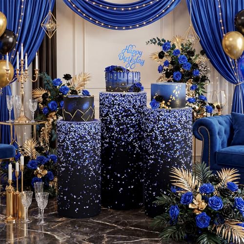 Mindsoft Set of 3 Navy Blue Black Glitter Cylinder Stand Covers for Birthday Party, Graduation Cylinder Pedestal Covers, Dessert Table Display for Men Party Wedding Baby Shower Backdrop Decor - color: Gradient Blue, style: Glitter