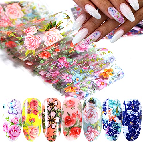 Flowers Nail Foil Transfer Stickers Colorful Floral Nail Foil Decals Designs Supplies Acrylic Nail Art Sticker for Women Manicure Tips Decorations Set Bright Colors Nail Art Film (10 Sheets - style: Colorful Floral