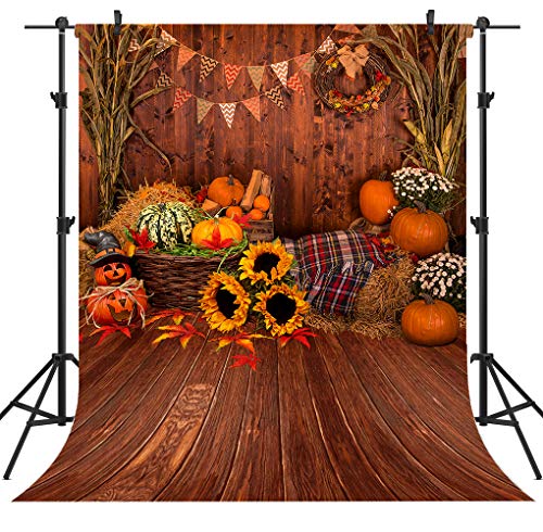 5X7FT Fall Thanksgiving Wooden Floor Barn Autumn Pumpkins Maple Leaves Sunflower Baby Portrait Party Halloween Decoration Vinyl Photography Backdrop Photo Booth Background Studio Prop TP295 - size: 5'x7'