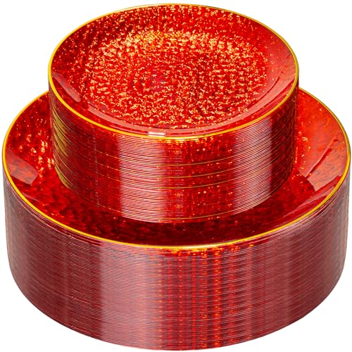 Rubtlamp 60 Pcs Red Plasitc Plates, Gold Red Disposable Plates, Fancy Party Plates, Hammered Plastic plates Include 30 Dessert Platos, 30 Dinner Platos for Party - color: Clear Red Gold
