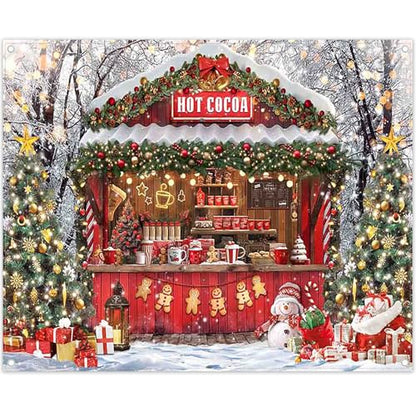 Fabric 10x8ft Christmas Hot Cocoa Bar Photography Backdrop Candy Shop Winter Snowman Scene Xmas Tree Chocolate Background Kids Family Party Decorations Photo Props - size: 10'x8'