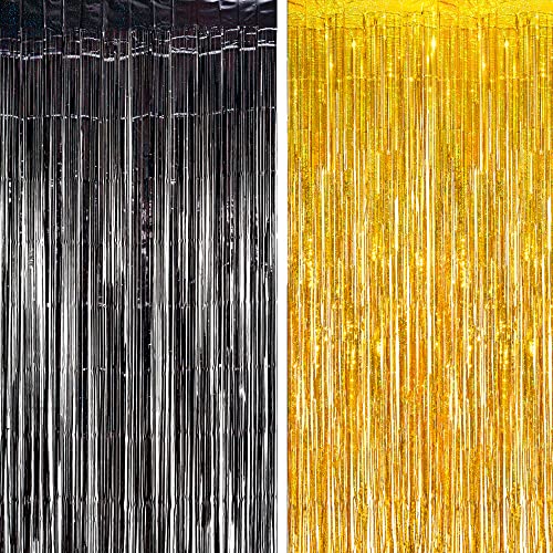 BRAVESHINE Black Gold Foil Fringe Curtain Backdrop - 2 Pack 3.2 x 8.2 ft Metallic Tinsel Photo Booth Streamers Curtains for Graduation/Retirement/30th/50th/Birthday/Anniversary/Prom Party Decorations - color: Black Gold
