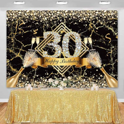 Sensfun Black Gold 30th Birthday Backdrop 30 Years Old Happy Birthday Decorations Banner for Women Diamond Thirty Birthday Party Suppiles Marble Champagne Photography Background Photoshoot Prop 8x6ft - size: 8x6ft