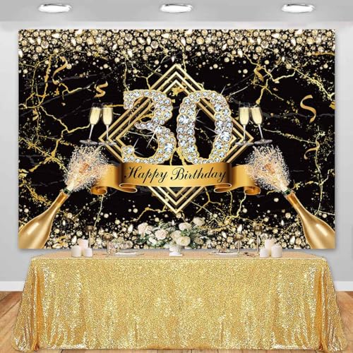 Sensfun Black Gold 30th Birthday Backdrop 30 Years Old Happy Birthday Decorations Banner for Women Diamond Thirty Birthday Party Suppiles Marble Champagne Photography Background Photoshoot Prop 8x6ft - size: 8x6ft