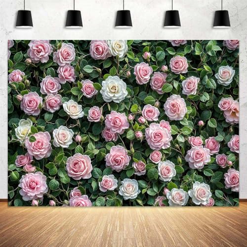 5 x 3 ft Spring Flowers Backdrop Pink White Rose Floral Green Leaf Photo Backdrop Birthday Party Decoration Wedding Bridal Shower Backdrop Photo Studio Props - color: Multi2, size: 5x3ft