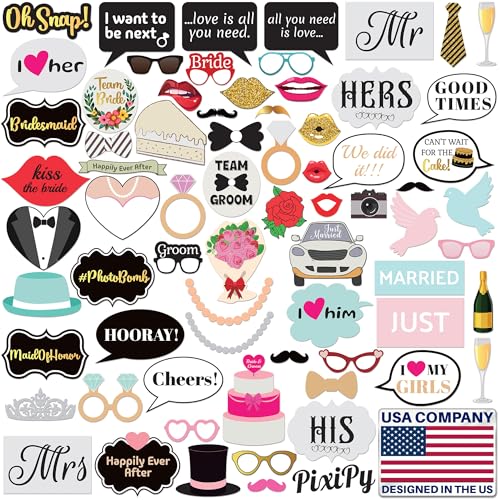 Wedding Photo Booth Props - 70 Pieces, Multicolored - Fun Photoshoot Party Selfie Accessories - Silly Group Picture Favors for Wedding Reception, Anniversary, Engagement, or Shower - color: Multicolored, size: 1 Set(70Pcs)
