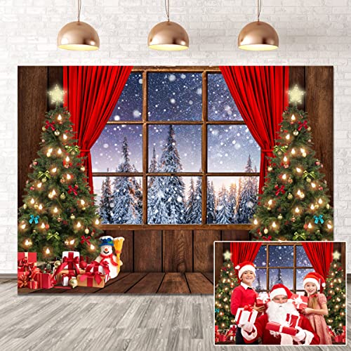 8X6FT Christmas Backdrop - Wood Floor Snow Forest Window View Photography Background for Studio Props DH-219