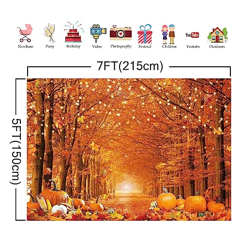 7x5FT Polyester Fall Autumn Photo Backdrop for Photography Autumn Forest Scenery Maple Leaves Pumpkins Background Fall Thanksgiving Day Friendsgiving Party Decorations Fabric - size: 7x5ft