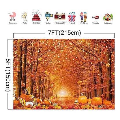7x5FT Polyester Fall Autumn Photo Backdrop for Photography Autumn Forest Scenery Maple Leaves Pumpkins Background Fall Thanksgiving Day Friendsgiving Party Decorations Fabric - size: 7x5ft