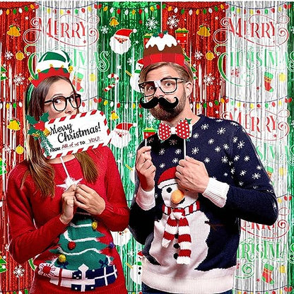 Avezano 98pcs Christmas Decorations Set, Merry Christmas Foil Fringe Tinsel Curtains Balloons Arch Garland Favors for Kids & Adults Selfie Picture Holiday Party Props for Photo Backdrop Supplies
