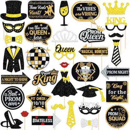 35 Pieces Prom Photo Booth Props Kit Funny Prom Dance Props Sticks High School College Graduation Prom Night Disco Party Decorations Supplies Black Gold Sliver