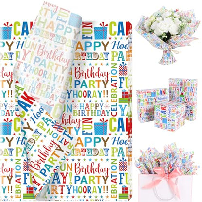100 Sheets Happy Birthday Tissue Paper, Watercolor Letters Wrapping Paper for Birthday DIY Crafts Christmas Party Supplies, 13.8 x 19.7 Inch