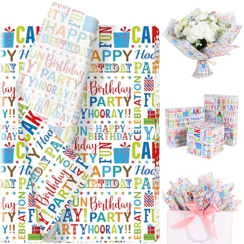 100 Sheets Happy Birthday Tissue Paper, Watercolor Letters Wrapping Paper for Birthday DIY Crafts Christmas Party Supplies, 13.8 x 19.7 Inch