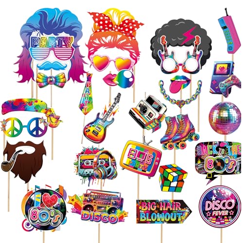 30 Pcs 80s Disco Photo Booth Props Kit 80s Photo Props Party Supplies Favors Decorations Selfie Prop Photography Photobooth Funny Cute Holiday Selfie Supplies Easy to Assemble