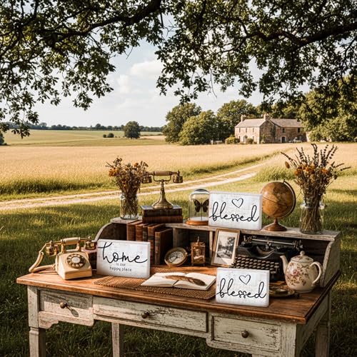 Jetec 3 Pcs Wooden Family Sign Rustic Blessed Home Wall Art Mini Wood Wall Decor Farmhouse Table Shelves Decoration Sign for Bedroom Kitchen Living Room Table Decor (Retro Color,7 x5 x 0.59 in) - color: Retro Color, size: 7 x 5 x 0.59 in