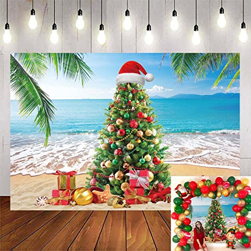 July Christmas Tree Photography Backdrop - Tropical Beach Palm Leaves Blue Sky Ocean Family Holiday Party Photo Backdrop (8X6FT(94X70inch)) - size: 8X6FT(94X70inch)