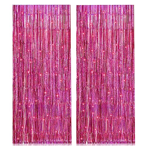 2 Pack 3.2ft x 8.2ft Pink Metallic Tinsel Foil Fringe Curtains Backdrop for Pink Party Birthday Wedding Bachelorette Baby Shower Holiday Party Decorations Photo Booth Props - color: Pink