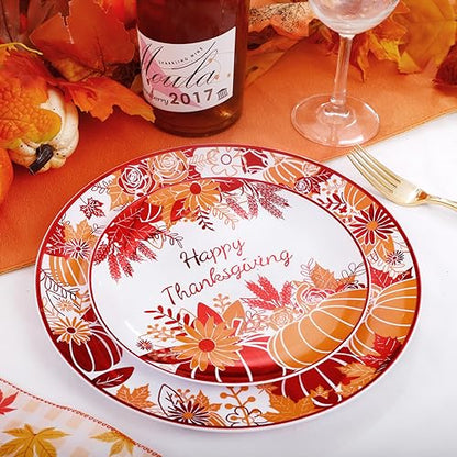 Rubtlamp 60PCS Thanksgiving Plastic Plates, White Orange Pumpkin Plates, Red Disposable Plates with Maple Leaves, Fall Disposable Plates Include 30 Dinner Plates, 30 Salad Plates For Thanksgiving - color: White Orange