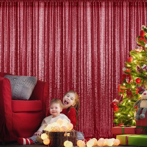 2×8FT-2PCS Burgundy Red Sequin Backdrop Curtains Panels, Photography Backdrop Glitter Curtains Fabric Background for Christmas Wedding Party Decor - color: Burgundy, size: 2X8FT-2PCS