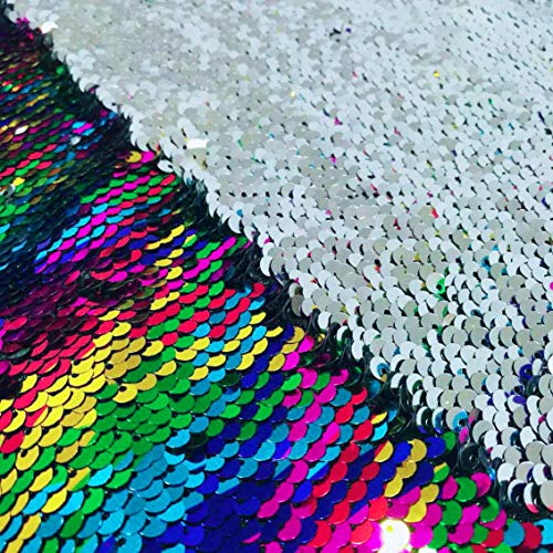 DUOBAO Rainbow to Silver Mermaid Fabric by The Yard Two Tone Sequin Glitter Fabrics Sequence Reversible Unique Quality Material Mesh Sequins for Tablecloth Table Runner Backdrop - color: Rainbow to Silver, size: 1 Yard